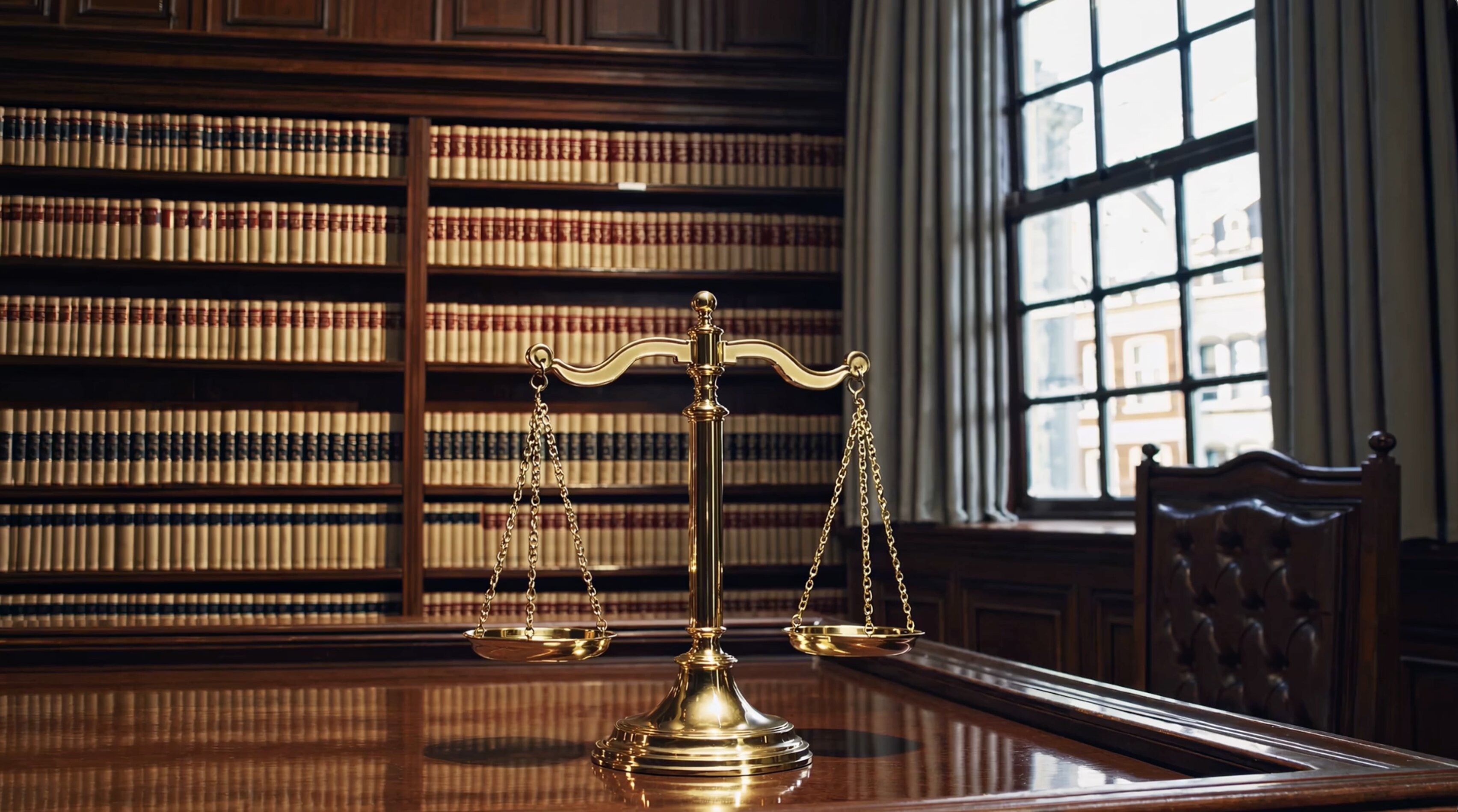 Law library with scales of justice on a desk